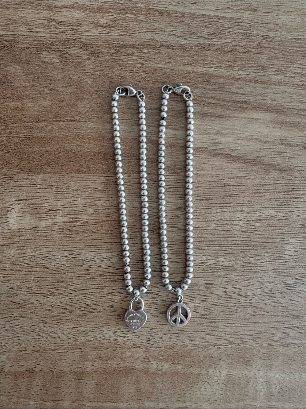 Tiffany & Co. Silver Beaded Double Bracelet Set with Heart & Peace Charms